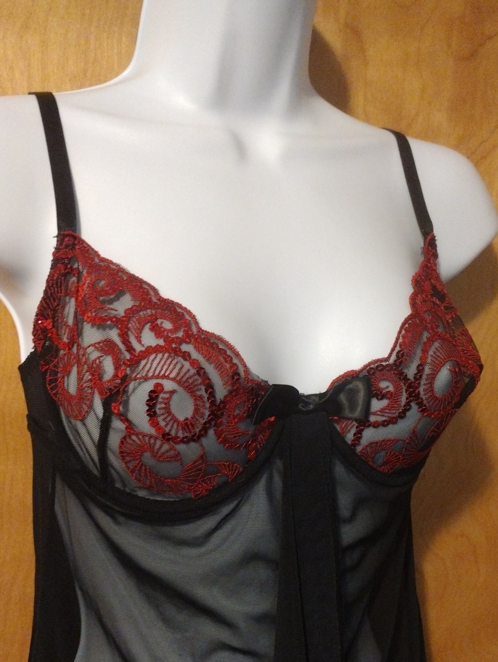 Frederick's of Hollywood Black Sheer Chemise with Red Lace Cups